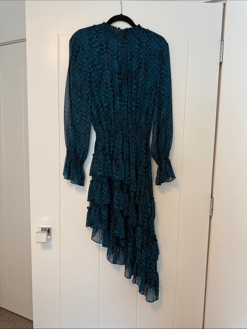 Misa Los Angeles Teal Snake-Print High-Low Ruffled Dress